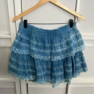 LoveShackFancy Blue Tie Dye Ruffle Mini Skirt